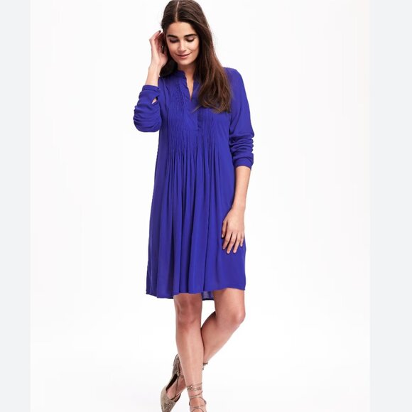 Old Navy Dresses & Skirts - Old Navy Blue Pintuck Babydoll Swing Dress Boho Long Sleeve Size S